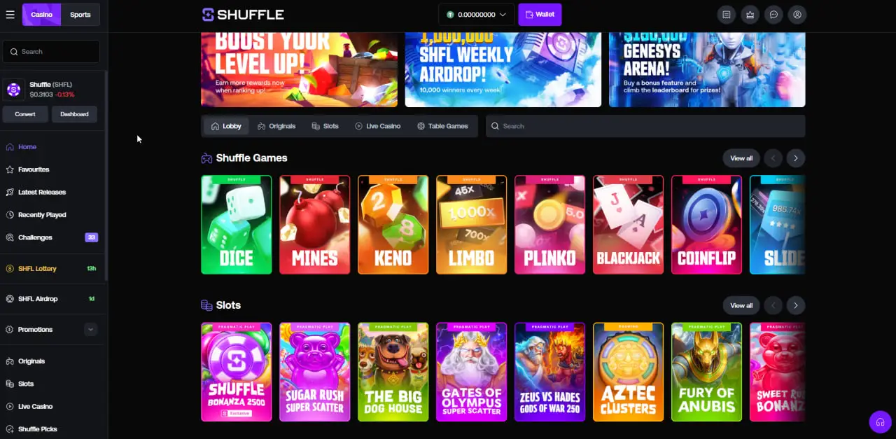 Shuffle casino lobby with Originals like Dice, Mines, Keno and Plinko