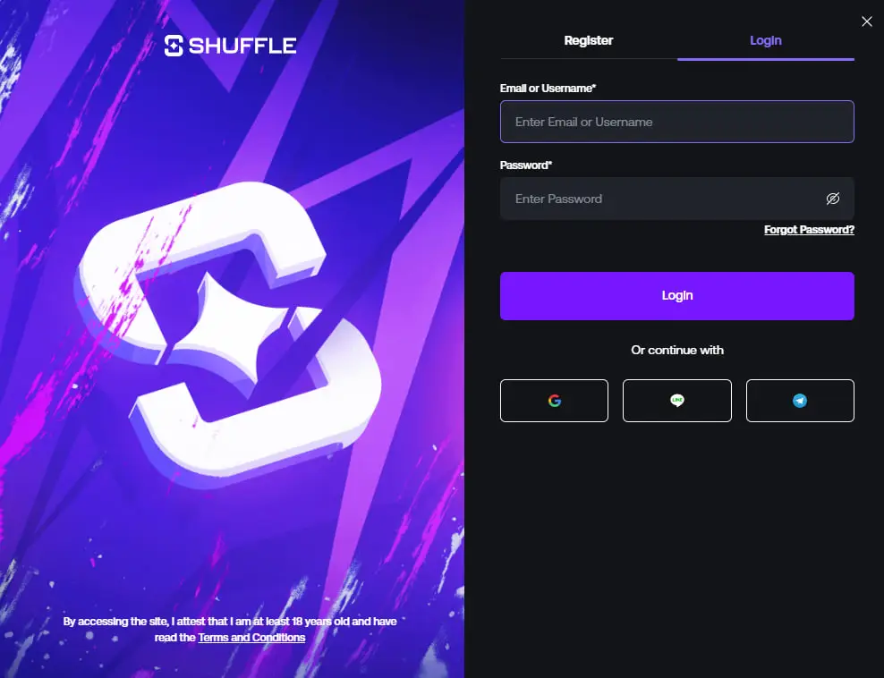 Shuffle login screen with email, password and social sign in options