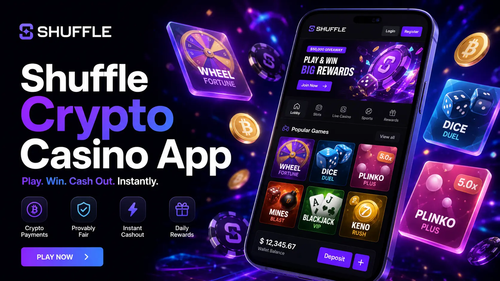 Shuffle crypto casino running on a smartphone with popular games on screen