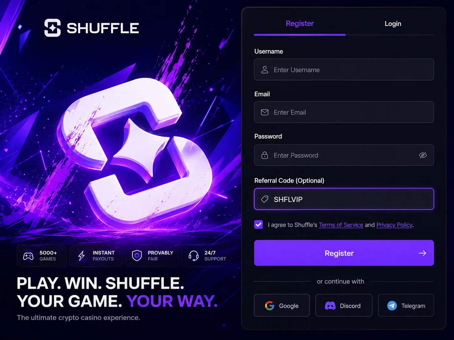 Shuffle registration form with SHFLVIP entered in the Referral Code field