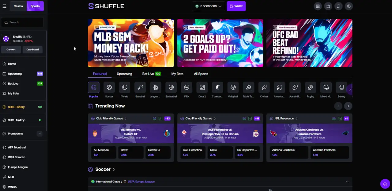 Shuffle sportsbook interface with featured events and betting markets